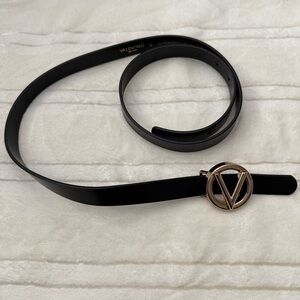 Valentino by Mario Black and Gold Leather Belt with Iconic V Buckle
